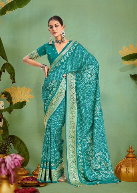 KcPc New Beautiful  Dola silk Bandhani Print Gotapatti Aaritari work Saree Green GAN