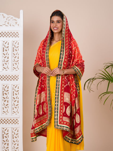 KcPc Banarasi Ojaria Chunri Piliya Dupatta Red Orange Piliya